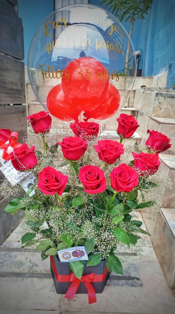 BOUQUET ROSAS ROJAS + BOMBONES + LUCES HADA $54.990_