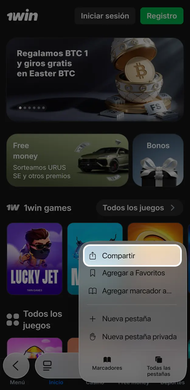 Abre los ajustes para guardar un acceso directo a JetX en 1win.