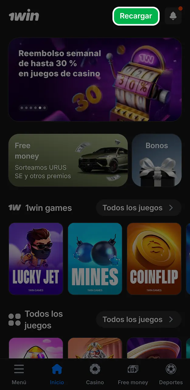 Añade fondos a tu balance para activar tus primeras partidas de Lucky Jet en 1win.